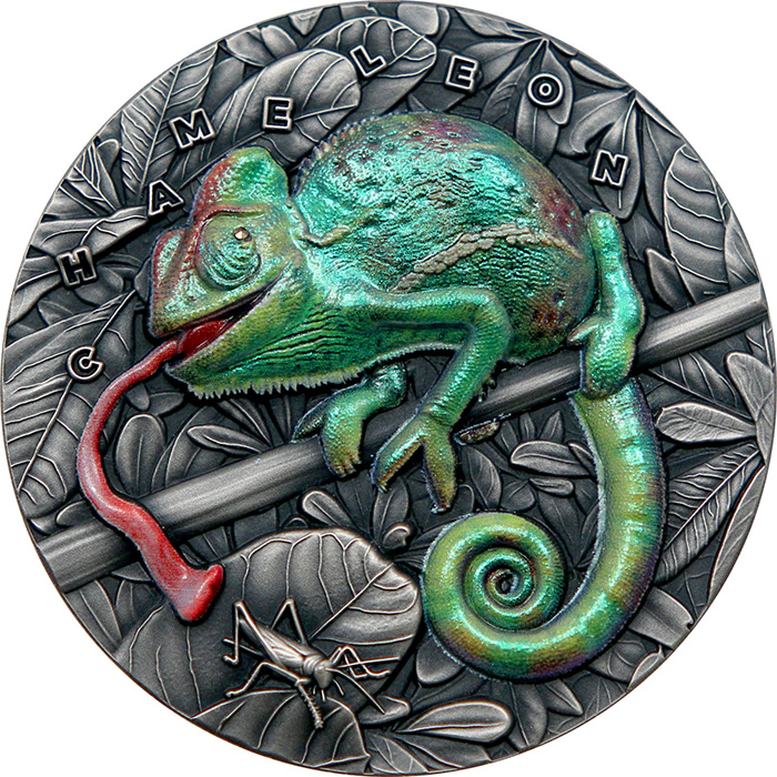 Přední strana Strieborná minca 3 Oz Úžasné zvieratá - Chameleon 2021 Antique Štandard