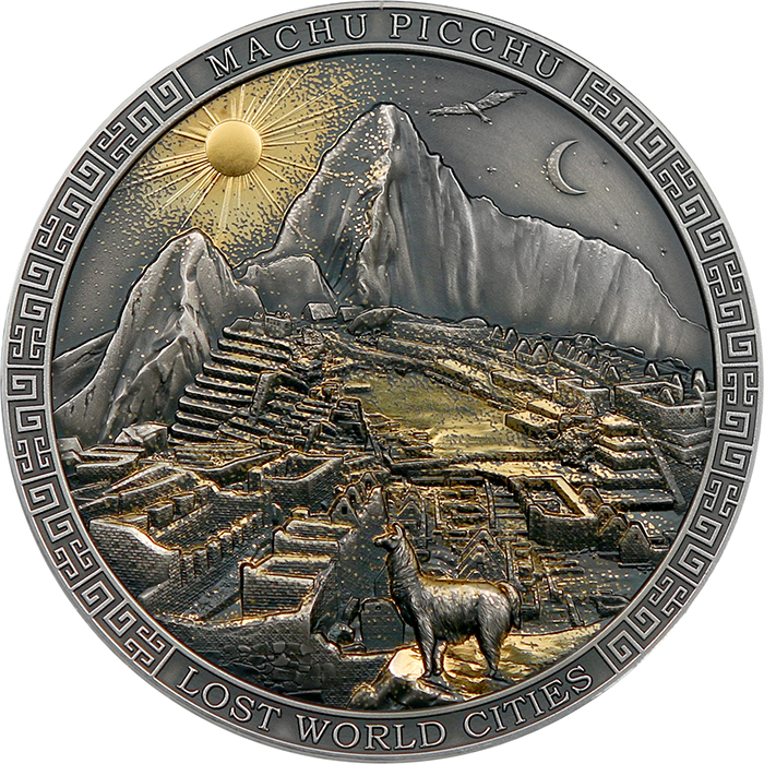 Přední strana Stříbrná mince Ztracená města světa - Machu Picchu 2 Oz 2022 Antique Standard