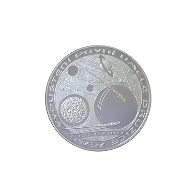 Přední strana Strieborná minca 200 Kč Vypustenie prvej umelej družice Zeme 50. výročie  2007 Štandard