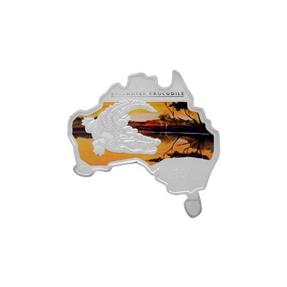 Přední strana Stříbrná mince Krokodýl mořský Australian Map 1 Oz 2014 Proof