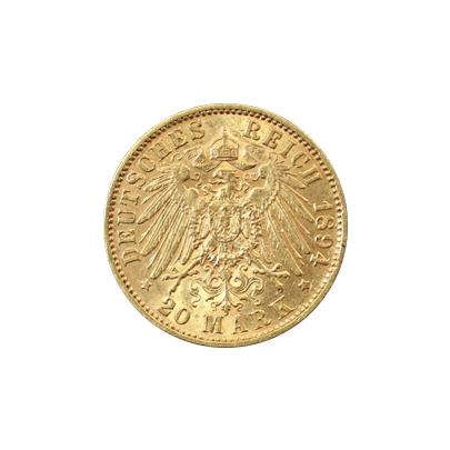 Zlatá mince 20 Marka Albert I. Saský 1894