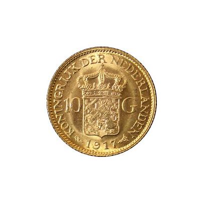 Přední strana Zlatá mince 10 Gulden Vilemína Nizozemská 1917