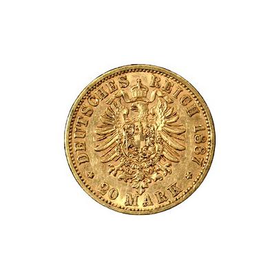 Zlatá mince 20 Marka Vilém I. Pruský 1887