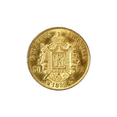 Přední strana Zlatá minca 50 Frank Napoleon III. 1859 BB