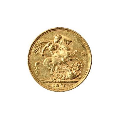 Zlatý Sovereign Kráľovná Viktória 1876