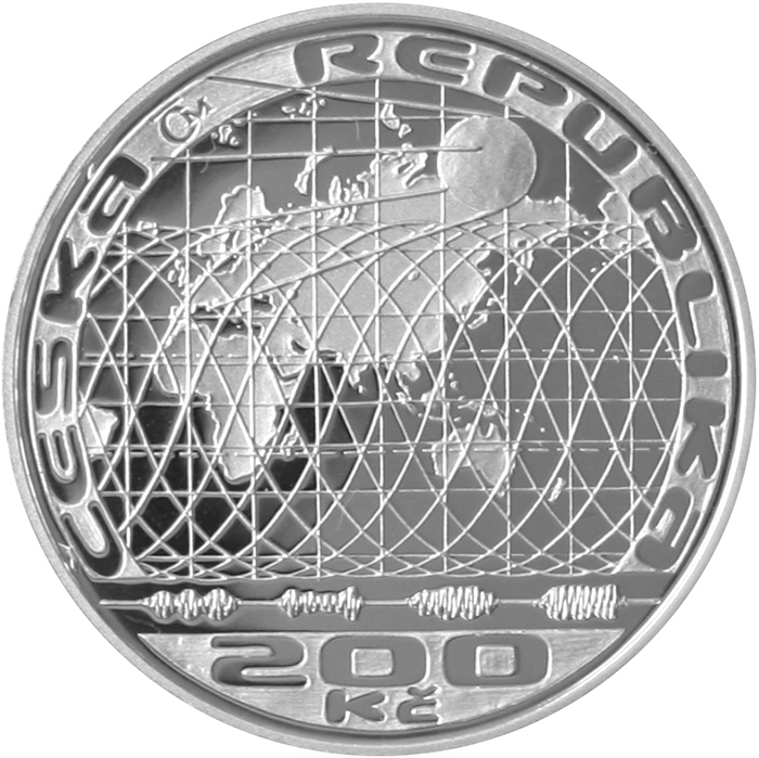 Zadní strana Strieborná minca 200 Kč Vypusteniu prvnej umelej družice  Zeme  50. výročie  2007 Proof