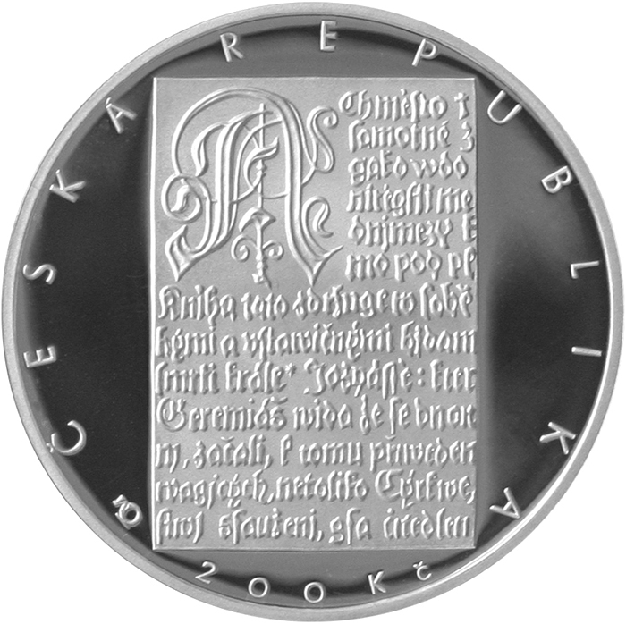 Zadní strana Stříbrná mince 200 Kč První vydání kralické bible 425. výročí 2004 Proof