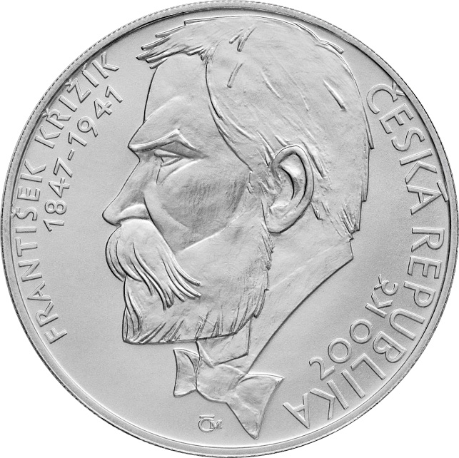 Přední strana Strieborná minca 200 Kč Prvá elektrifikovaná trať z Tábora František Křižík 2003 Proof