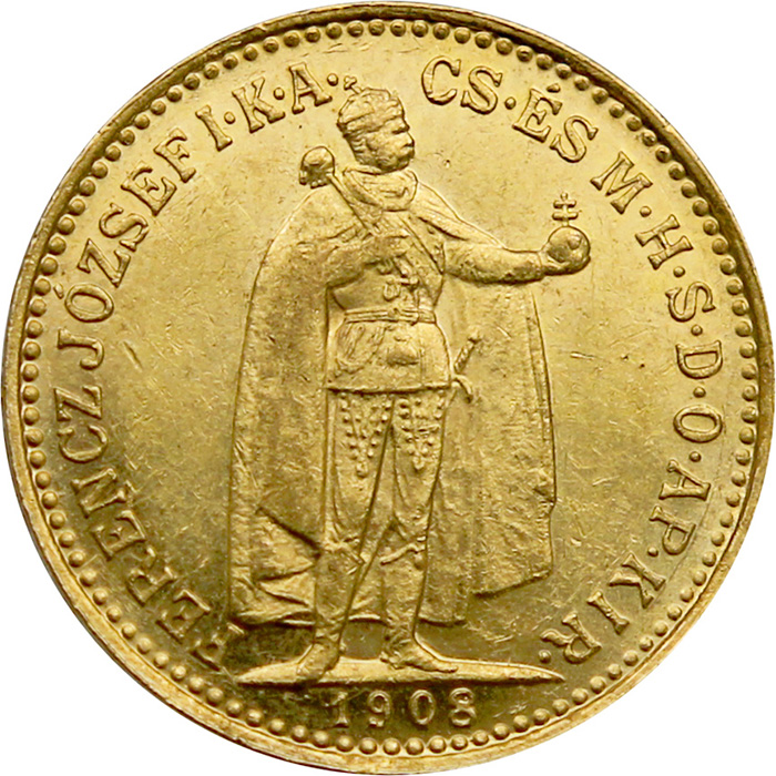 Zlatá minca Desaťkorunáčka Františka Jozefa I. Uhorská razba 1908