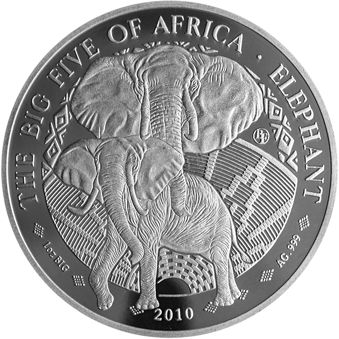 Zadní strana BIG FIVE sada stříbrných mincí Afrika Největší unce světa 2010 Proof