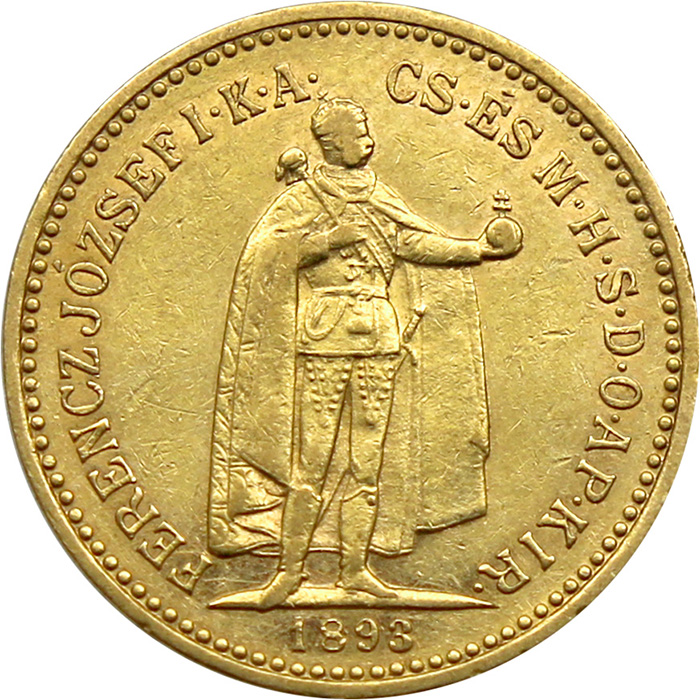 Zlatá mince Desetikoruna Františka Josefa I. Uherská ražba 1893  