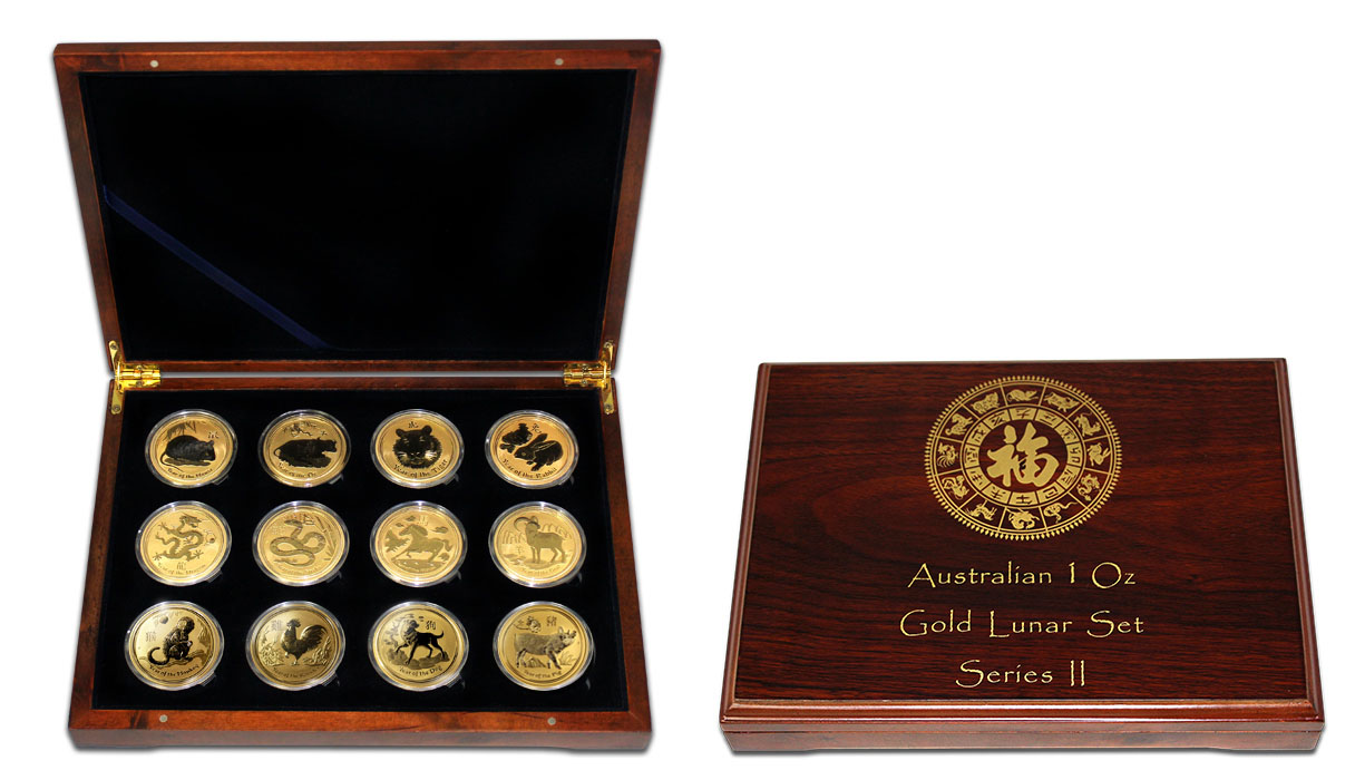 Luxusní sada 12 zlatých mincí 1 Oz Lunární série II. 2008 - 2019 