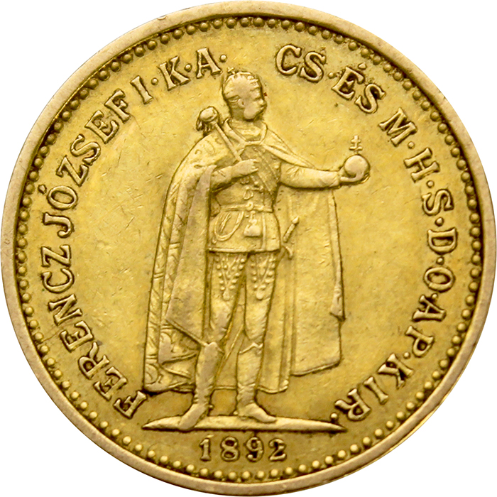 Zlatá mince Desetikoruna Františka Josefa I. Uherská ražba 1892