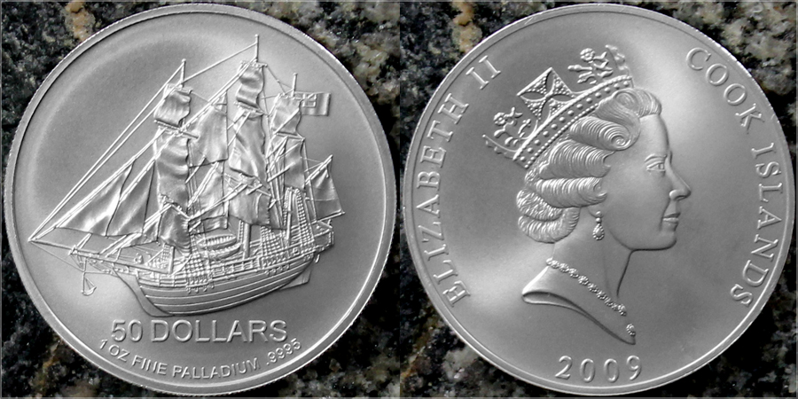 Zadní strana Palladiová investiční mince Bounty Cook Islands 1 Oz