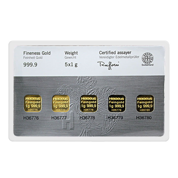 5 x 1g Heraeus Německo Multicard Investiční zlaté slitky