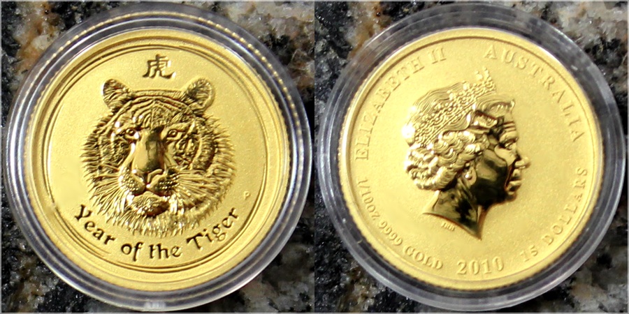 Zlatá investičná minca Year of the Tiger Rok Tygra Lunárny 1/10 Oz 2010