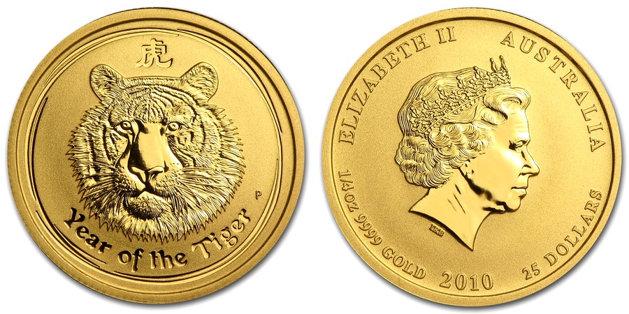 Zlatá investiční mince Year of the Tiger Rok Tygra Lunární 1/4 Oz 2010