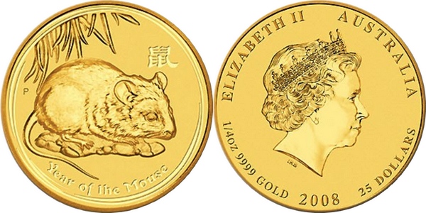 Zlatá investiční mince Year of the Mouse Rok Myši Lunární 1/4 Oz 2008