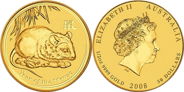 Zlatá investičná minca Year of the Mouse Rok Myši Lunárny 1/2 Oz 2008