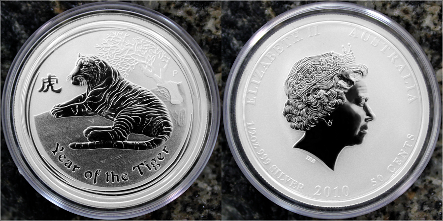 Stříbrná investiční mince Year of the Tiger Rok Tygra Lunární 1/2 Oz 2010