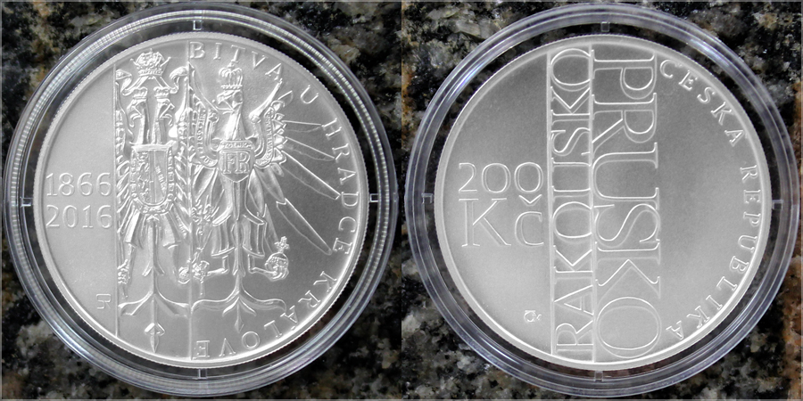 Zadní strana Stříbrná mince 200 Kč Bitva u Hradce Králové 150. výročí 2016 Standard