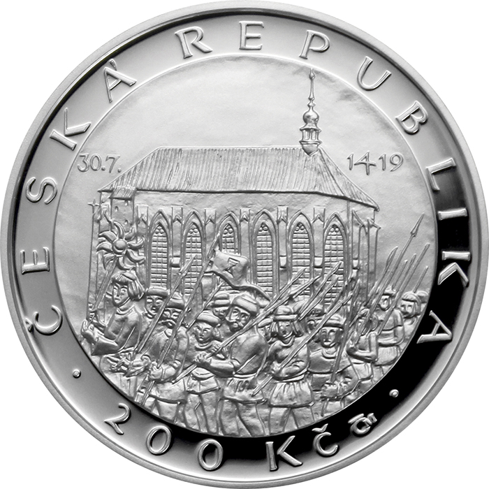 Zadní strana Stříbrná mince 200 Kč První pražská defenestrace 600. výročí 2019 Proof