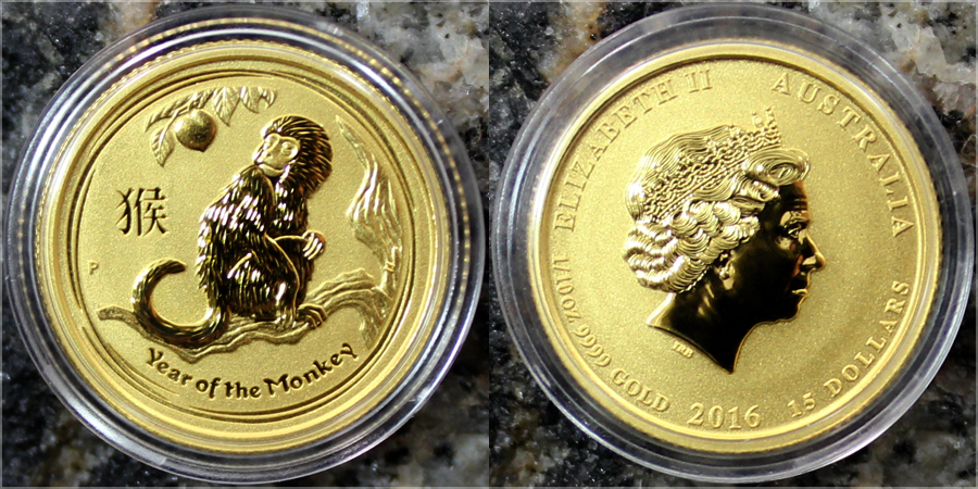 Zlatá investiční mince Year of the Monkey Rok Opice Lunární 1/10 Oz 2016