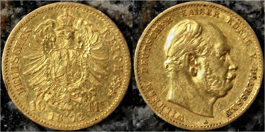 Zlatá minca 10 Marka Vilém I. Pruský 1872 - 1873
