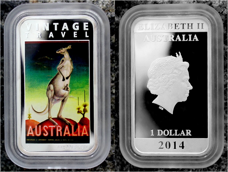 Stříbrná mince Australia Vintage Travel Poster Kangaroo 1 Oz 2014 Proof