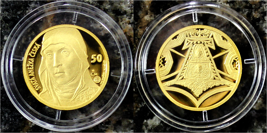 Zlatá medaile s motivem 50 Kč bankovky - sv. Anežka Česká 2016 Proof