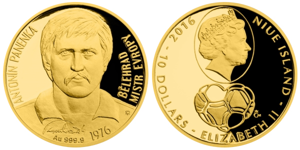Zlatá čtvrtuncová mince 10 NZD Antonín Panenka 2016 Proof