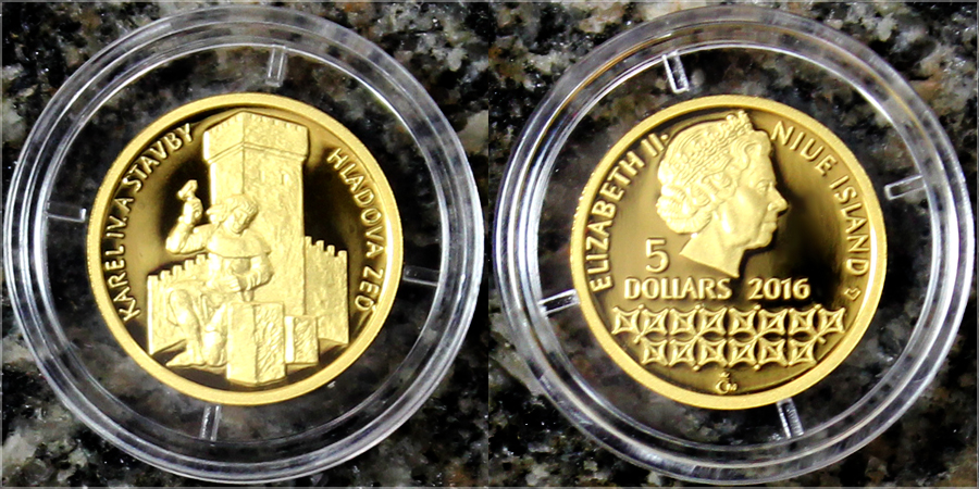 Zlatá minca 5 NZD Karel IV. a stavby - Hladová stena 2016 Proof