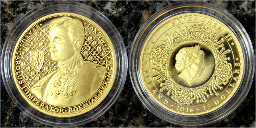 Zlatá půluncová mince 25 NZD Karel I. 2016 Proof