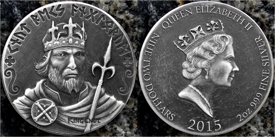 Stříbrná mince 2 Oz Knut Veliký Viking Series 2015 Antique Standard