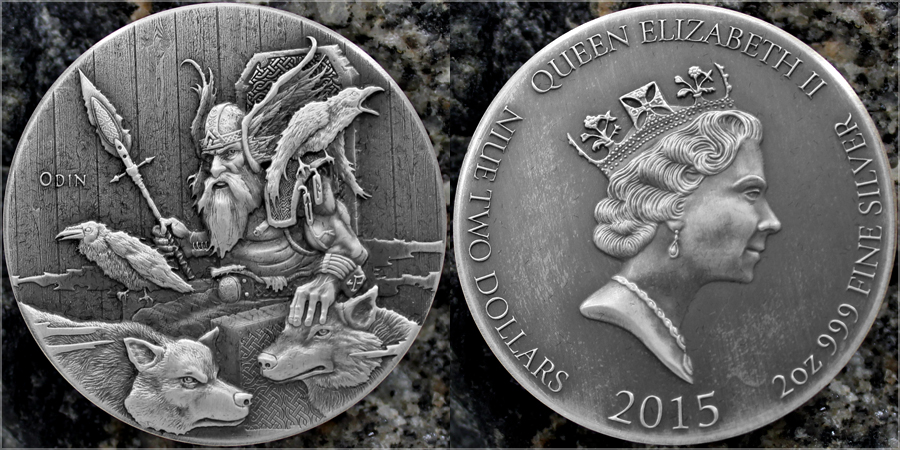 Strieborná minca 2 Oz Ódin Viking Series 2015 Antique Štandard