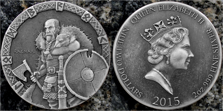 Zadní strana Strieborná minca 2 Oz Ragnar Viking Series 2015 Antique Štandard