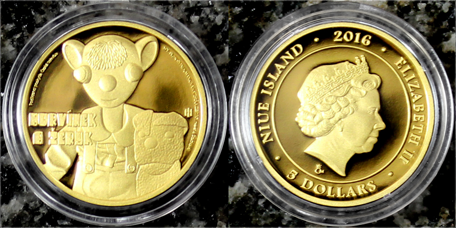 Zadní strana Zlatá minca 5 NZD Hurvínek a Žeryk 2016 Proof