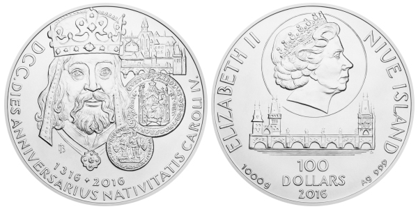 Strieborná stokilogramová minca100 NZD 700. výročíe narodenia Karla IV. 2016 Štandard