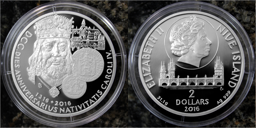 Stříbrná uncová mince 2 NZD 700. výročí narození Karla IV. 2016 Proof