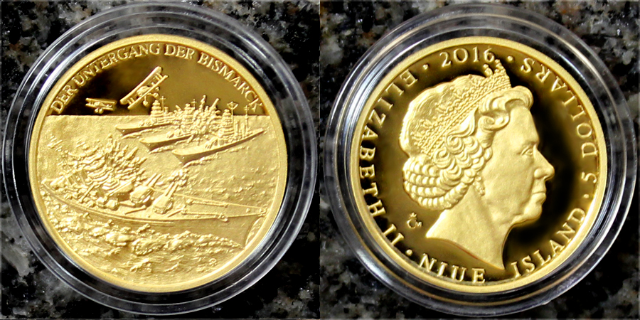 Zlatá mince 5 NZD Potopení Bismarcku 2016 Proof