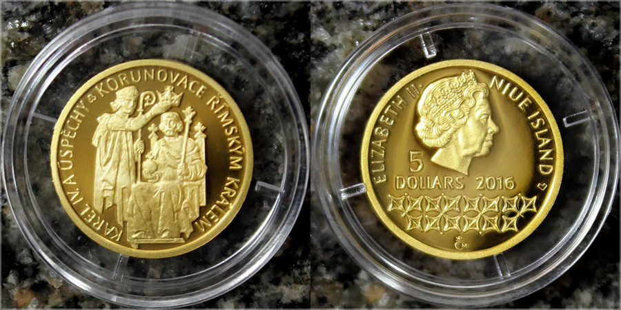 Zlatá mince 5 NZD Karel IV. a úspěchy - Korunovace římským králem 2016 Proof
