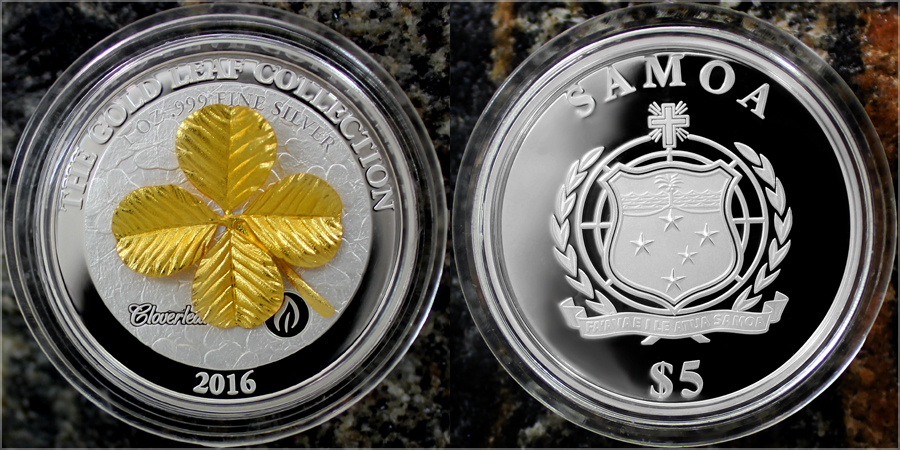 Stříbrná mince 3D Zlatý Four Leaf Clover 1 Oz Gold Leaf Collection 2016 Proof