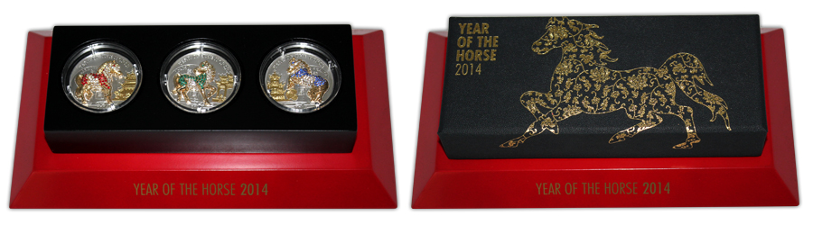 Sada stříbrných mincí Rok Koně 3D Pavé 2014 Krystaly Proof