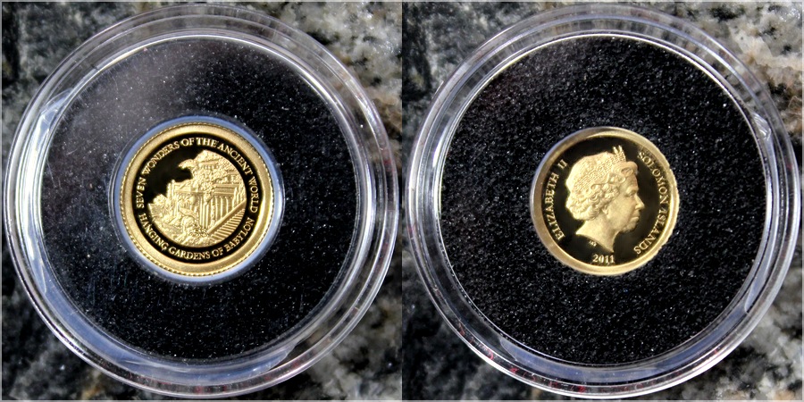 Zadní strana Zlatá mince Visuté zahrady babylónské 0.5g Miniatura 2011 Proof