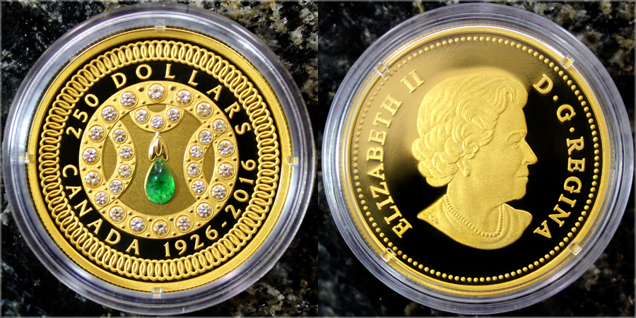Zadní strana Zlatá mince Královna Alžběta II. 90. výročí narození 2016 Diamanty Smaragd Proof