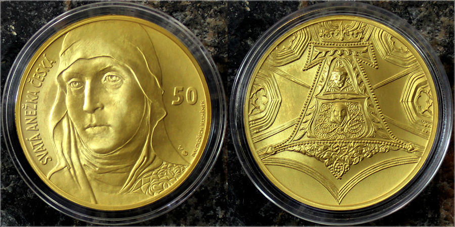 Zlatá medaile ve váze 40dukátu s motivem 50 Kč bankovky - sv. Anežka Česká 2016 Standard