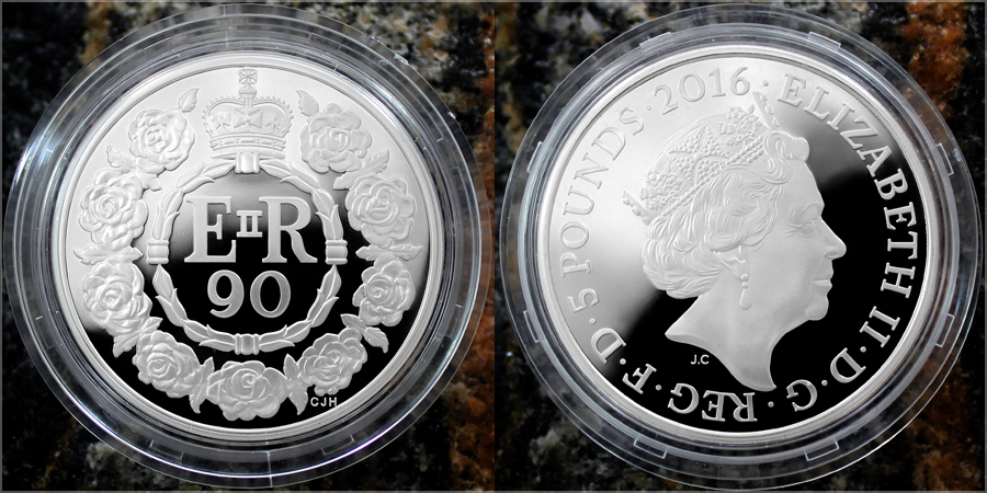 Zadní strana Stříbrná mince Královna Alžběta II. 90. výročí narození 2016 Proof