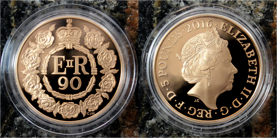 Zadní strana Zlatá mince Královna Alžběta II. 90. výročí narození 2016 Proof