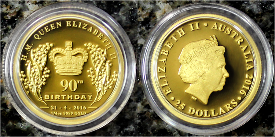 Zadní strana Zlatá minca Kráľovná Alžbeta II. 90. výročie narodenia 1/4 Oz 2016 Proof