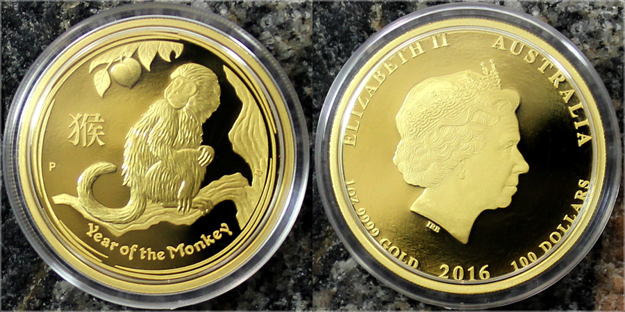 Exkluzivní Zlatá mince Year of the Monkey Rok Opice 1 Oz 2016 Proof